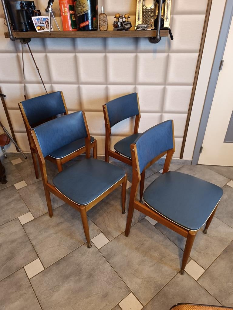 Vintage ensemble scandinave de 4 chaises bois et ski bleu, Huis en Inrichting, Stoelen, Ophalen of Verzenden