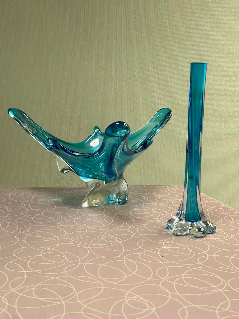 Glazen schaal en vaas in turquoise blauw, antiek/vintage, Enlèvement