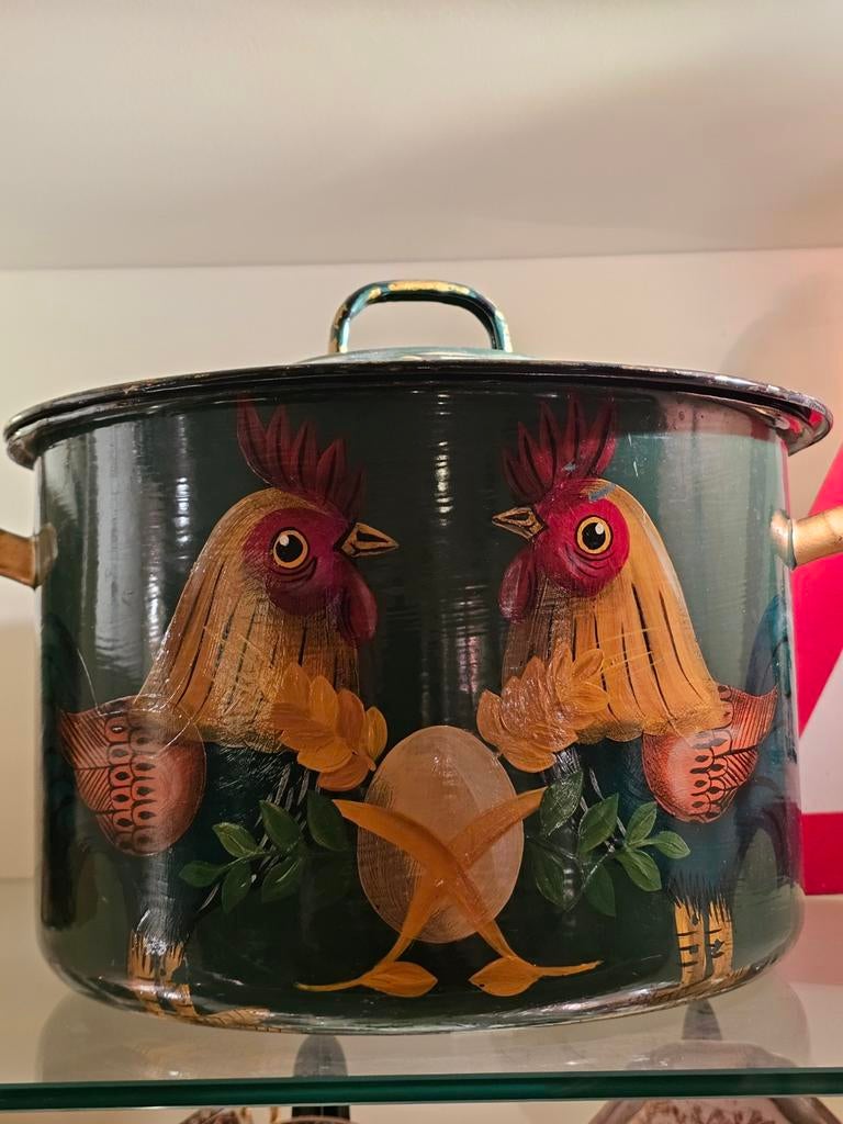 Emma Hunk Stubbs 1995 Gesigneerde Folk Art Ketel met beschil, Ophalen of Verzenden