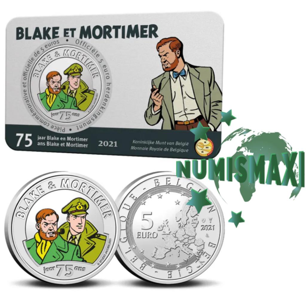 5 euros Belgique 2021 Blake & Mortimer colorié en coincard, Timbres & Monnaies, Enlèvement ou Envoi, Belgique, 5 euros