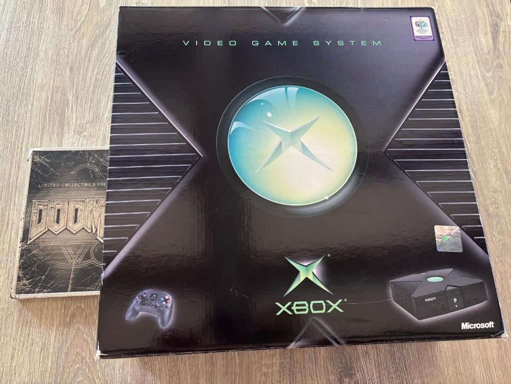 XBOX Classic + Controller + Remote + DOOM3, Games en Spelcomputers, Spelcomputers | Xbox Original, Gebruikt, Met 1 controller