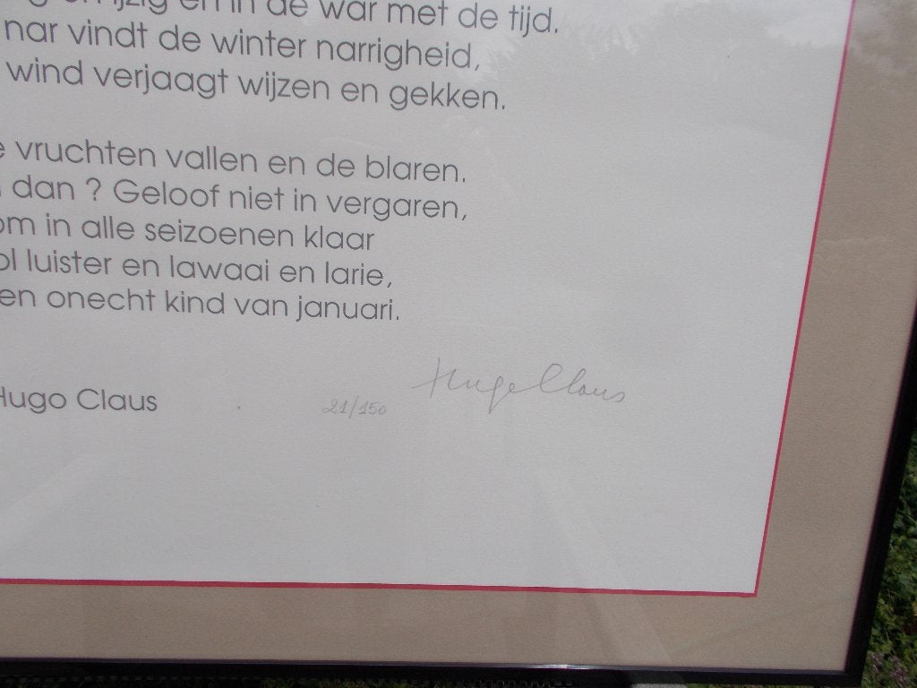 Hugo Claus gekaderd gedicht litho handgesigneerd 21/150, Met glas, Ophalen