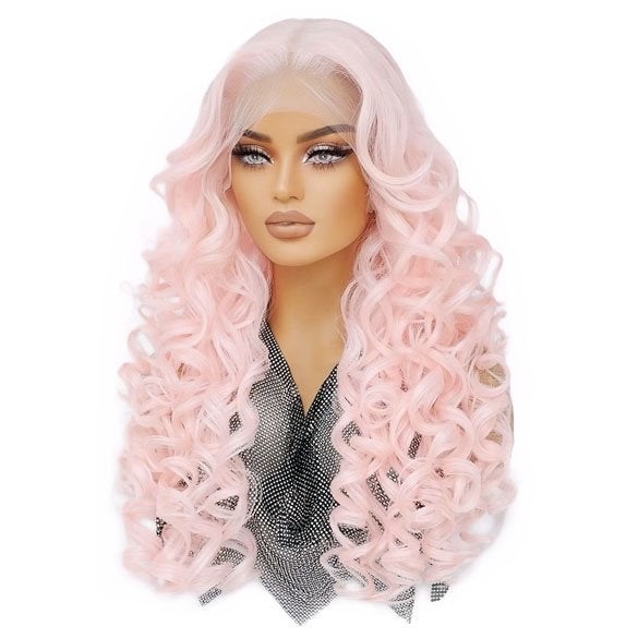 Drag lace front pruik lang pastel roze haar met zachte krull, Ophalen of Verzenden, Nieuw