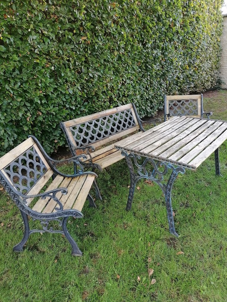 Tuinset gietijzer met hout, Ophalen, Hout, Bank, Tuinset