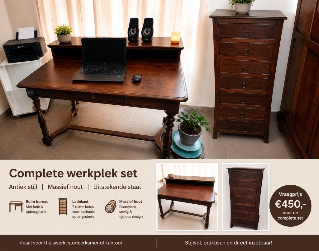 Ensemble bureau et commode en bois massif, Autres styles, Avec tiroirs, Enlèvement, Bureau-armoire combiné