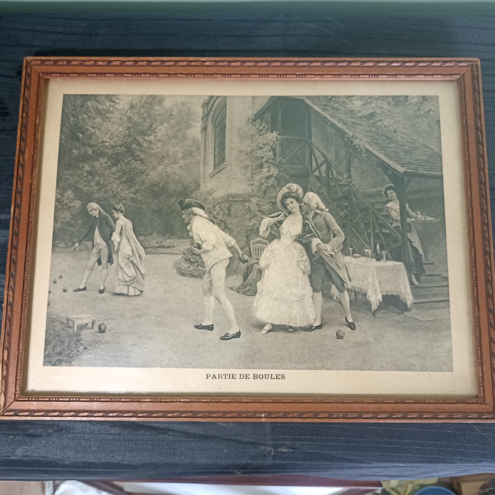 Antieke Franse gravure "Partie de Boules" – Jules Girardet –, Ophalen of Verzenden, Reproductie, Prent