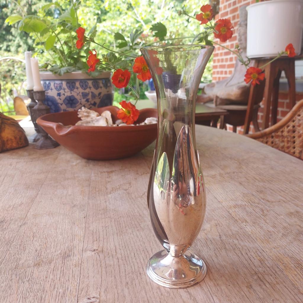 Tulp bud vaasje/ rookglas vaasje in  silverplated houder, Ophalen of Verzenden