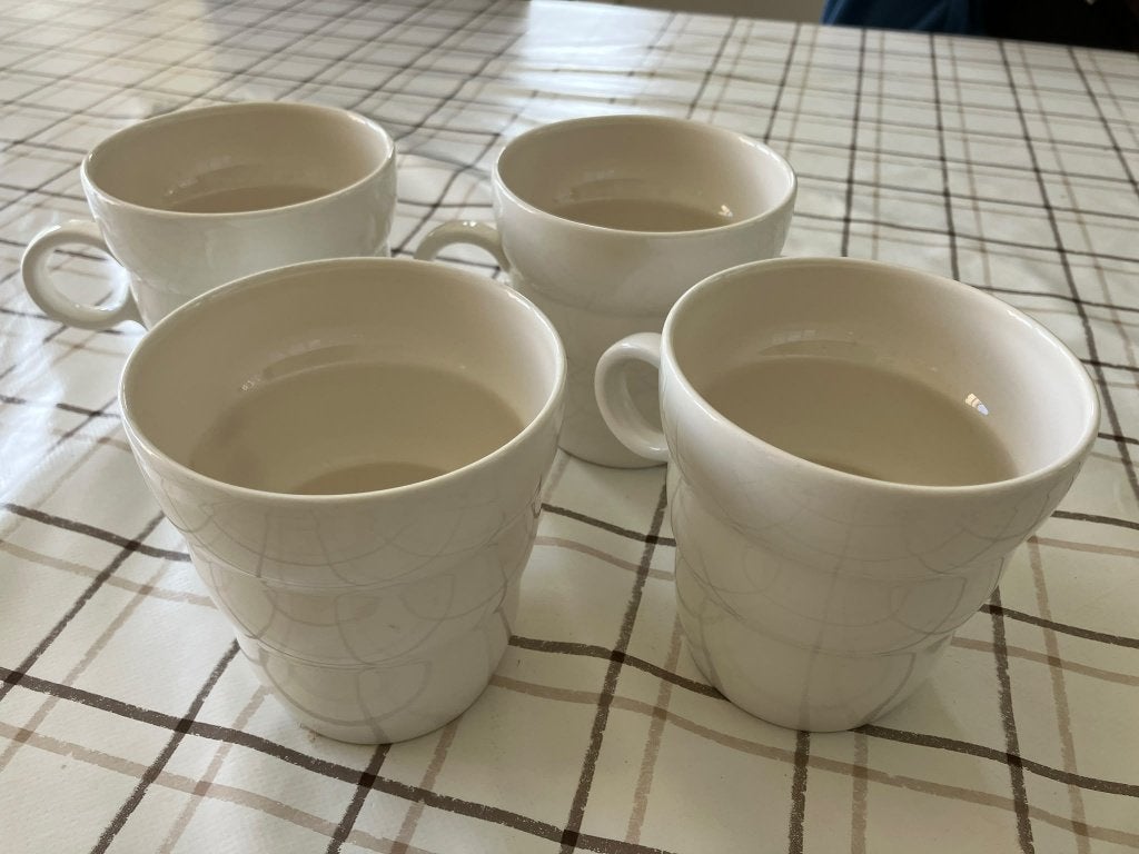 4 mokken met afbeelding van levensbloem, Ophalen of Verzenden, Gebruikt, Mok