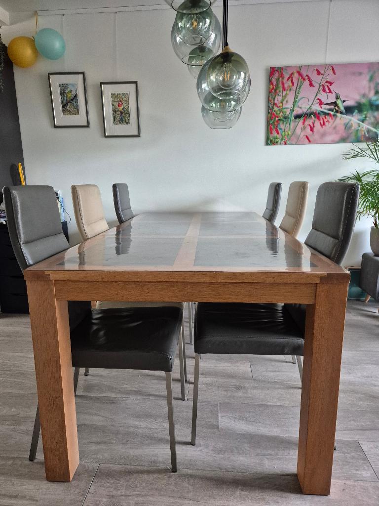 Houten Eettafel met natuursteen  100 x 210, Huis en Inrichting, Tafels | Eettafels, Ophalen, Gebruikt, Vierkant, 200 cm of meer