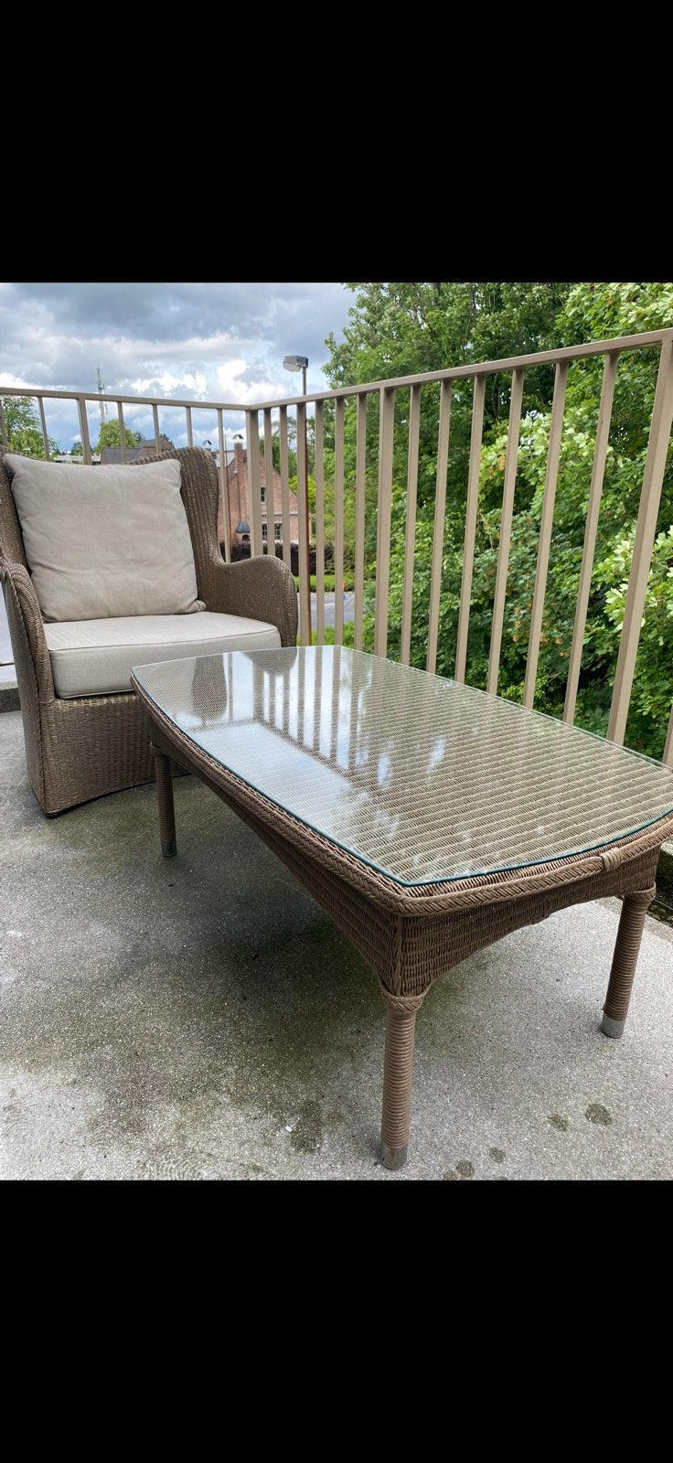 Beige tuinset 3 stoelen met kussens + tafel met glasplaat, Enlèvement, Utilisé