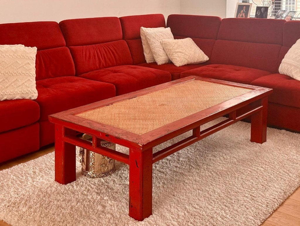 Robuuste vintage salontafel met rotanlook, Huis en Inrichting, Ophalen, Gebruikt, Rotan / Vintage, 50 tot 100 cm