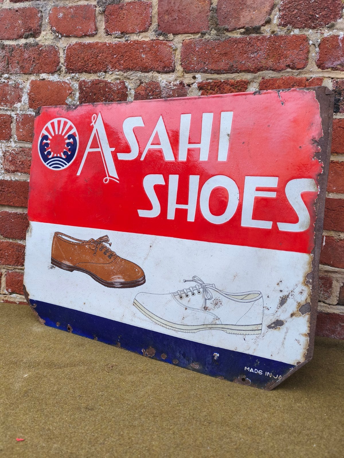 Asahi shoe dubbelzijdige emaille plaat, Ophalen of Verzenden