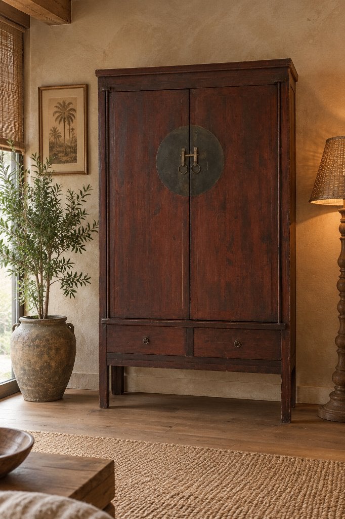 Grote Chinese bruidskast – donker hout, Huis en Inrichting, Gebruikt, 100 tot 150 cm, Met lade(s), Bohemian