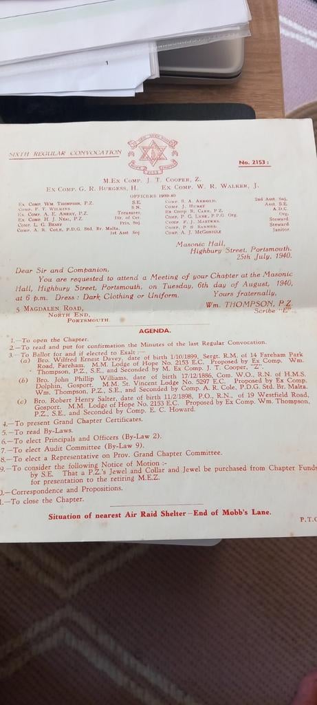 Sixt Regular Convocation Hope Chapitre n 2153 25/7/1940, Enlèvement ou Envoi