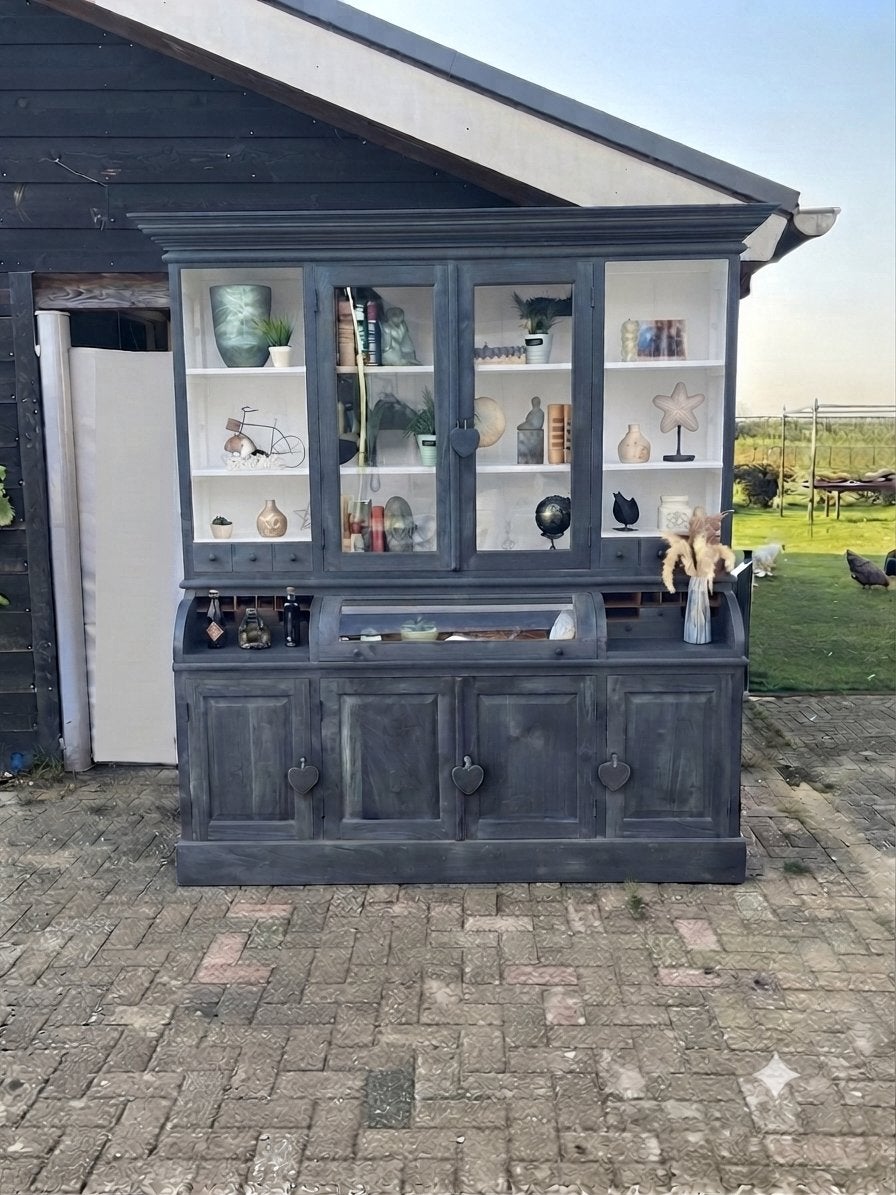 Teak Buffetkast Vitrinekast Stijlvol Blauw gratis bezorging., Huis en Inrichting, Kasten | Buffetkasten, Nieuw, 200 cm of meer