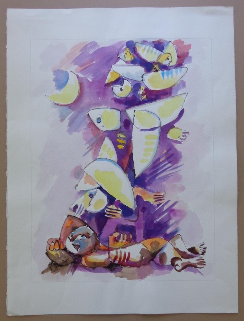 JOEL KASS / TOTEMFIGUUR / ORIGINEEL WERK / 76x56cm, Antiquités & Art, Art | Peinture | Moderne, Enlèvement ou Envoi, Signé, Aquarelle