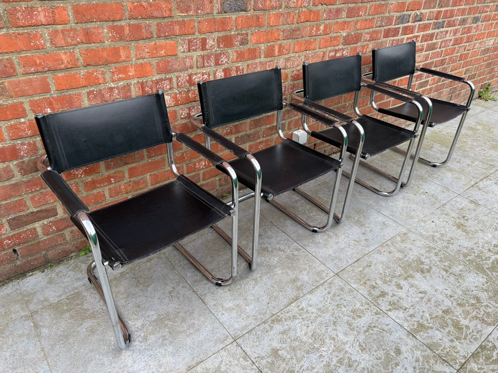 4 vintage fauteuils van leer en verchroomd metaal, Ophalen, Gebruikt, Twee, Zwart