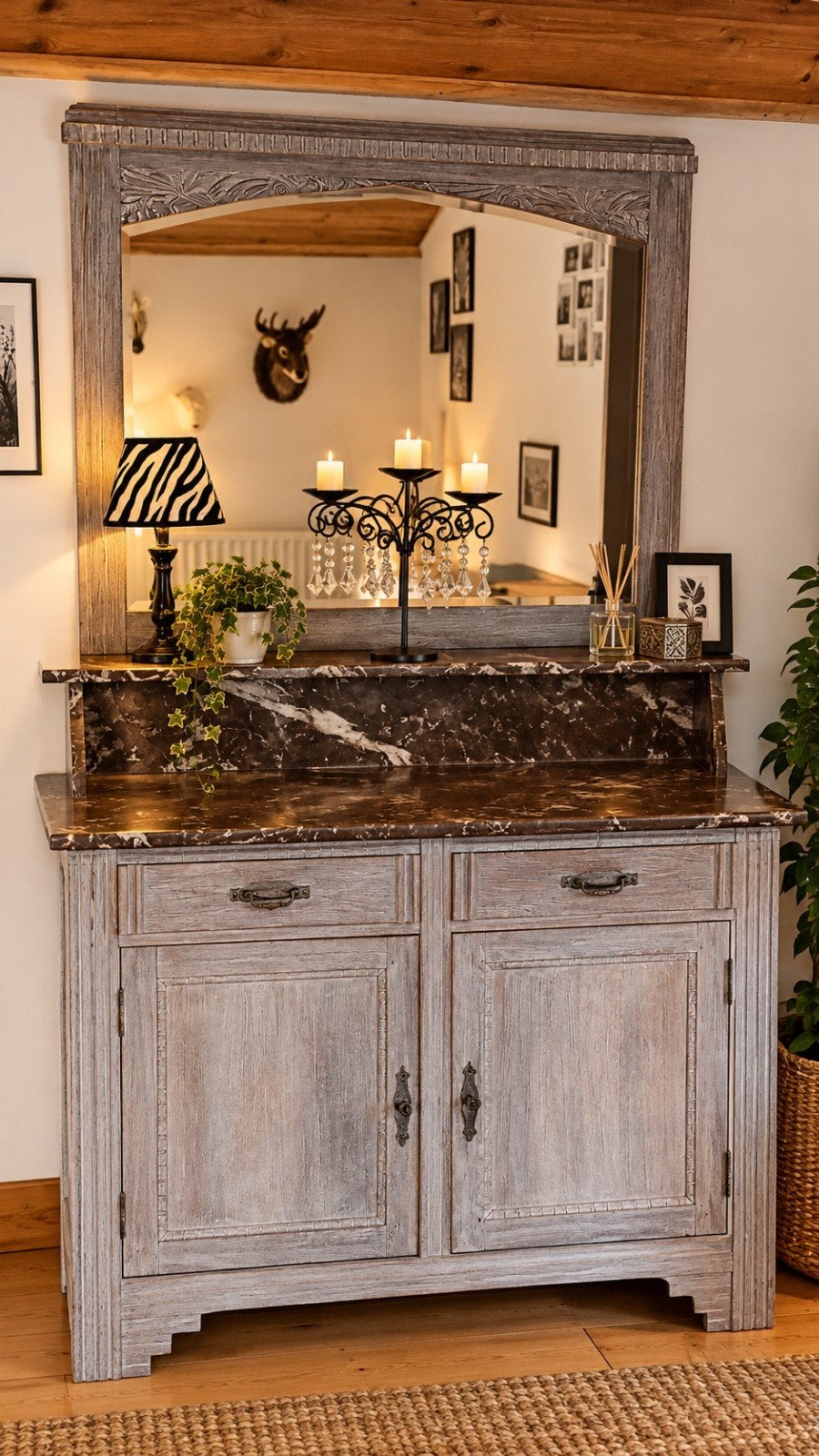 Commode coiffeuse Art Déco marbre et miroir patinée, Enlèvement