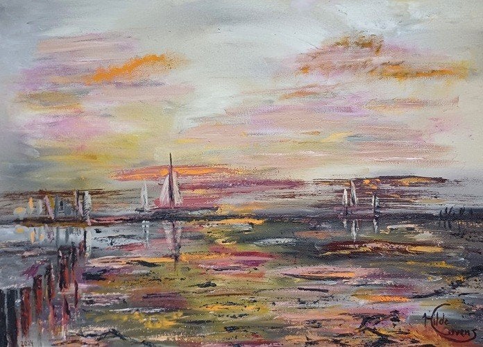 Kunsthandel Gennep - "Zeegezicht Bij Avondzon", Antiek en Kunst, Ophalen of Verzenden, Handgeschilderd, Olieverf