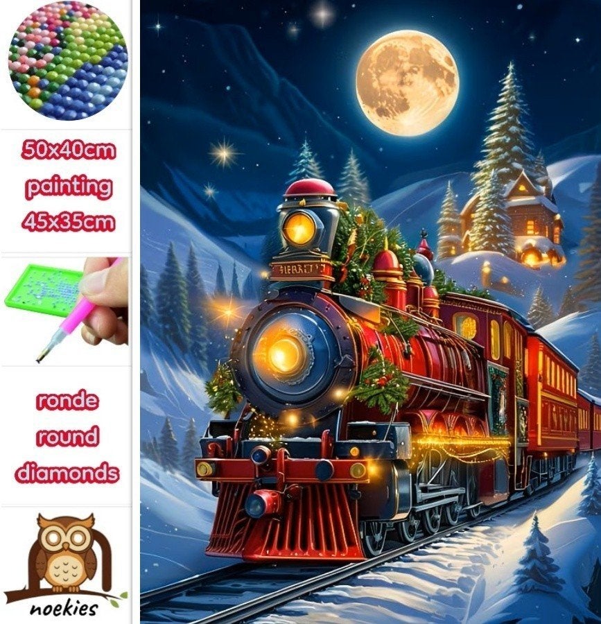 Train de Noël avec peinture au diamant (rond) 75, 50 x 40 cm, Neuf, Multicolore, Autocollant, Diamond painting