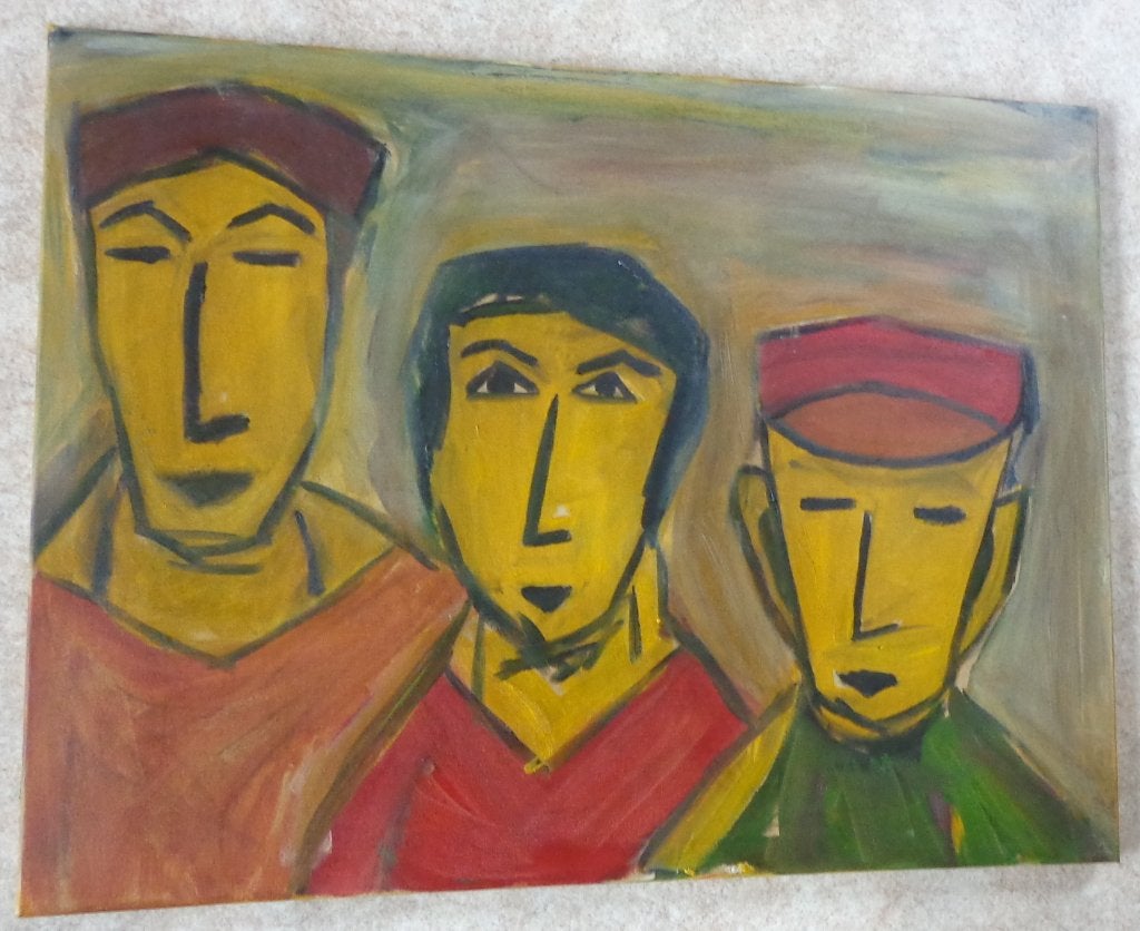 JAN / DRIE FIGUREN / OLIEVERF DOEK / 60x80cm / CHASSIS / SIG, Antiquités & Art, Peinture à l'huile, Figures, Autres matériaux