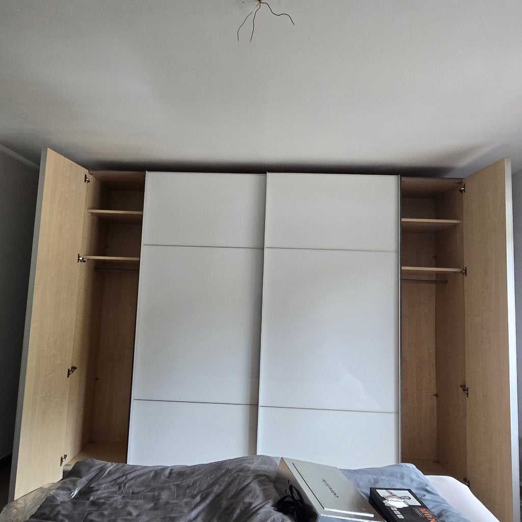 Armoire/Garde-robe2 Coulissantes + 2 Normales - Blanc-305 cm, Maison & Meubles, Autres essences de bois, Avec porte(s), 200 cm ou plus