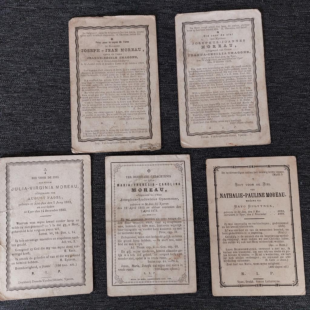 5 oude bidprentjes met de naam Moreau (Ieper), Verzamelen, Bidprentjes en Rouwkaarten, Ophalen of Verzenden