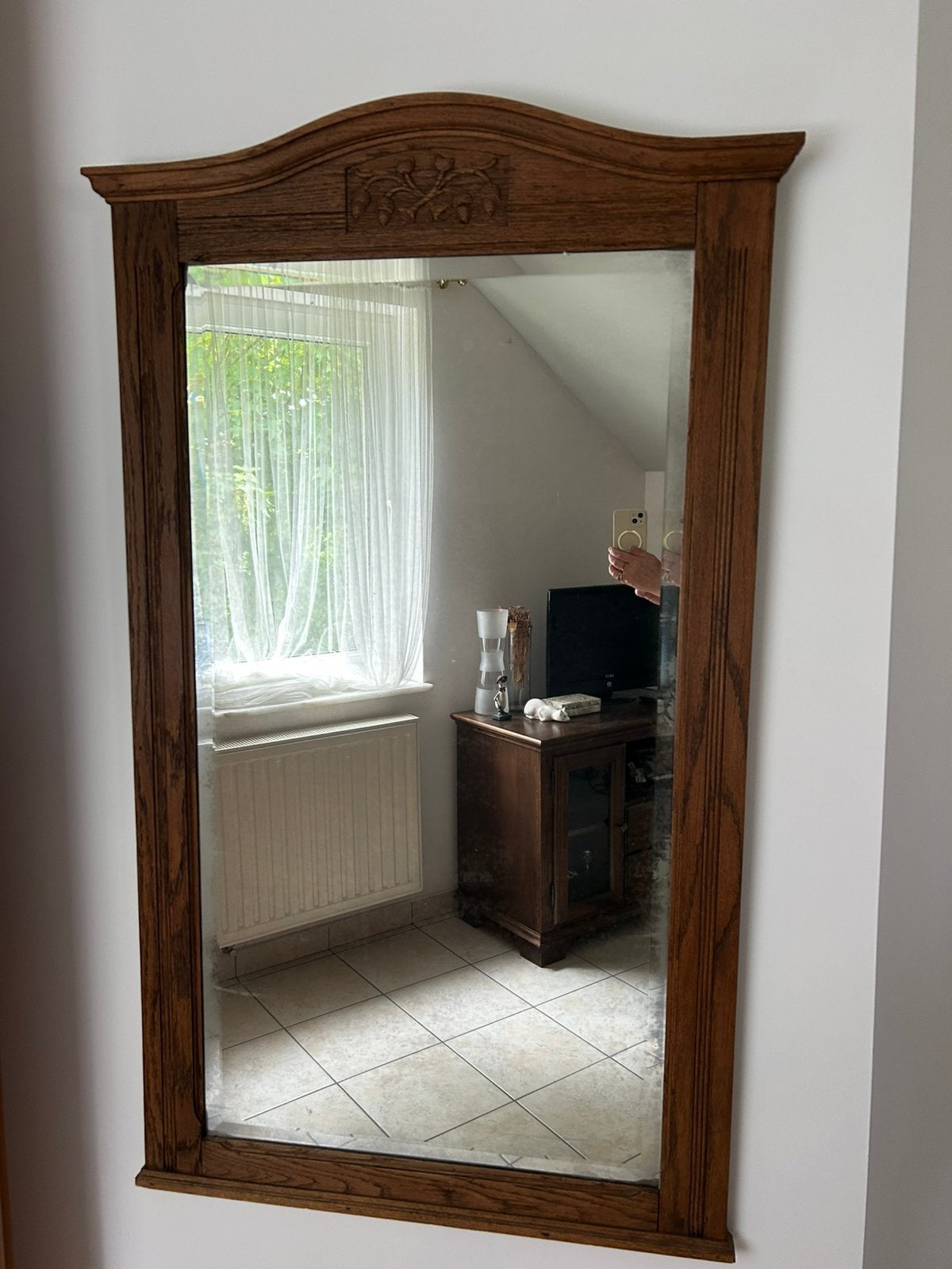 Afgeschuinde spiegel met eikenhouten frame, Antiek en Kunst, Ophalen, Rechthoekig, 50 tot 100 cm, 100 tot 150 cm
