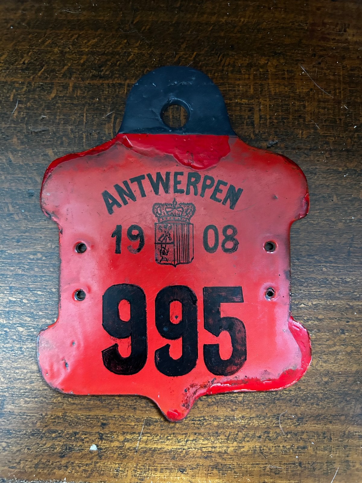 Taksplaat MOTO Antwerpen 1908 emaille, Enlèvement, Utilisé