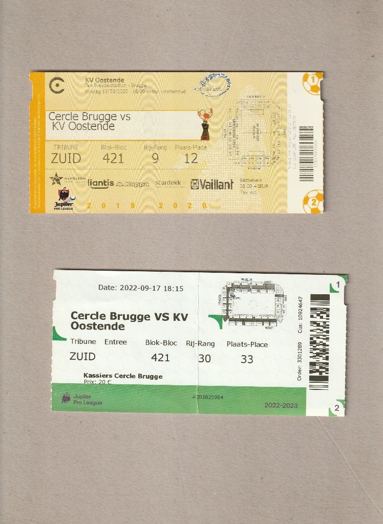 2 tickets Cercle Brugge - KV Oostende, 03/2020 en 09/2022, Ophalen of Verzenden, Gebruikt, Overige typen