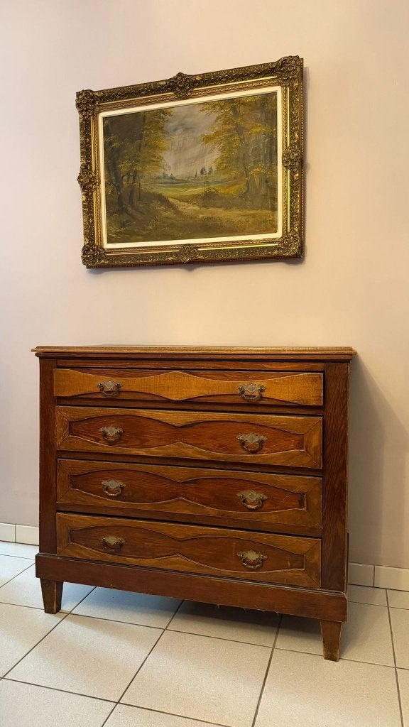Vintage eiken commode met sierlijke handgrepen, Ophalen, Gebruikt, 50 tot 100 cm, 3 of 4 laden
