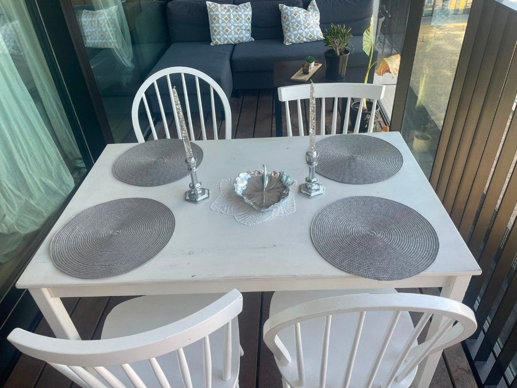 Houten tafel voor buiten + 4 stoelen, Ophalen, Gebruikt
