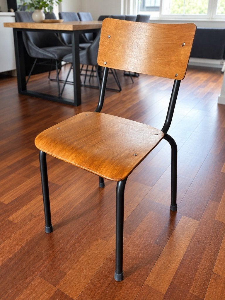 Set van 6 vintage schoolstoelen-hout&zwart metaal, Maison & Meubles, Vintage, Enlèvement, Bois, Noir