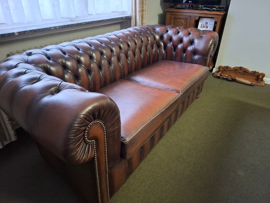 Chesterfield 3-zit antiek gepatineerd, Huis en Inrichting, Ophalen, Gebruikt, Driepersoons, Rechte bank
