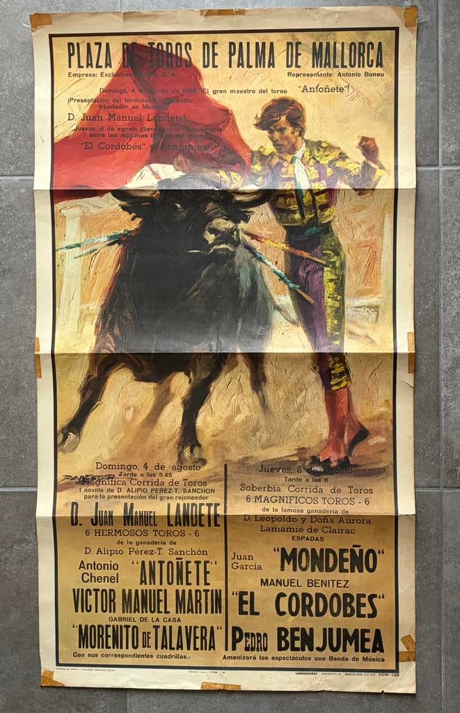 Affiche stierenvechten in Palma de Mallorca, Verzamelen, Ophalen of Verzenden, Gebruikt, Rechthoekig Staand, Overige onderwerpen