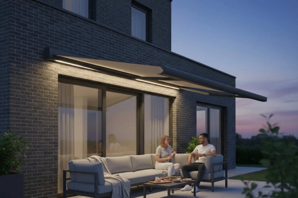 zonnescherm Zonneluifel ESTELLE (5x3.5m), Tuin en Terras, Zonneschermen, Ophalen, 450 cm of meer, Nieuw, Elektrisch