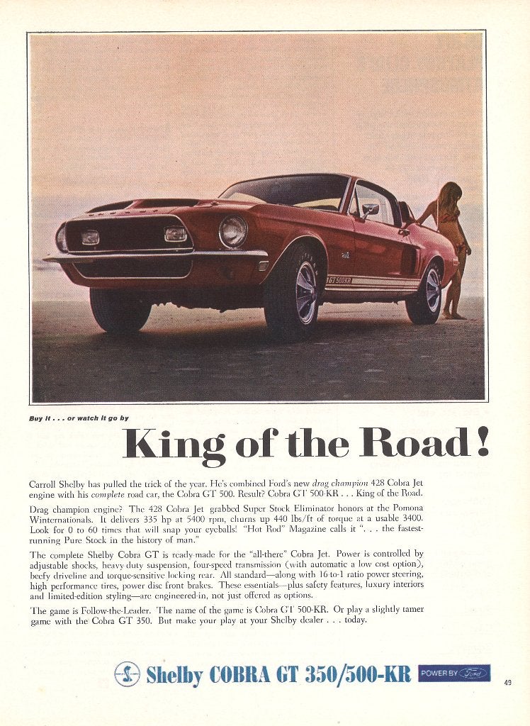 Publicité de la Ford Mustang Shelby Cobra GT 350/500 de 1968, Ford, Enlèvement ou Envoi, Diverse auteurs, Comme neuf