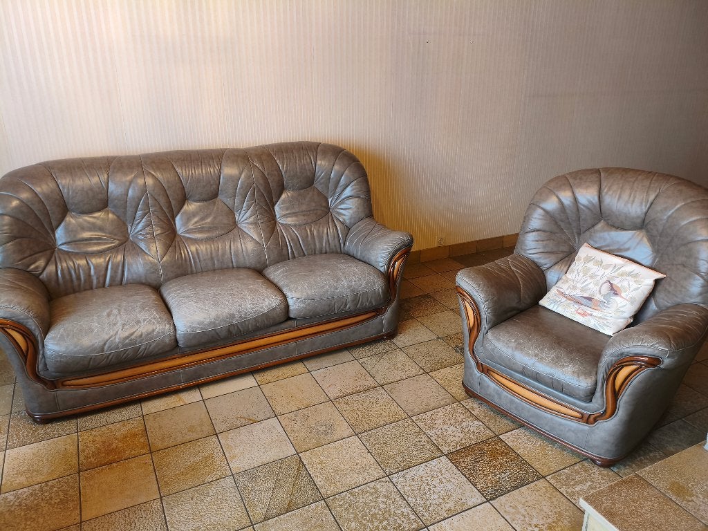 Canapé + fauteuil en cuir, Maison & Meubles, Enlèvement, Utilisé, Bois, Rustique