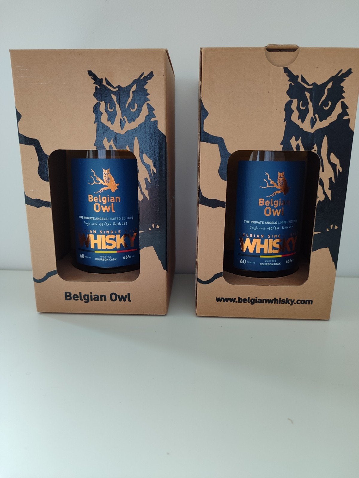 Belgian Owl whisky 2 verschillende serie private Angles, Verzamelen, Wijnen, Ophalen of Verzenden