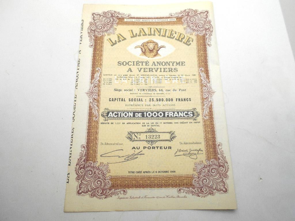 action "La lainière " Verviers textile  1937, Postzegels en Munten, Aandelen en Waardepapieren, Ophalen of Verzenden, 1920 tot 1950