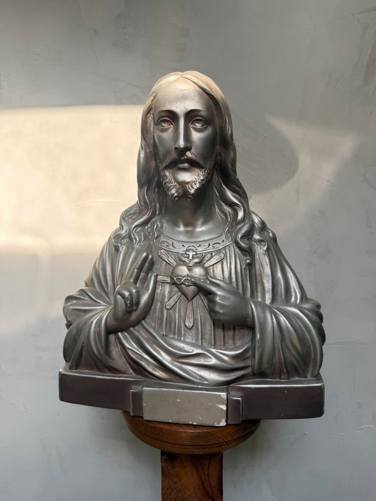 Groot zilverkleurige Christus beeld buste jesus, Antiek en Kunst, Ophalen