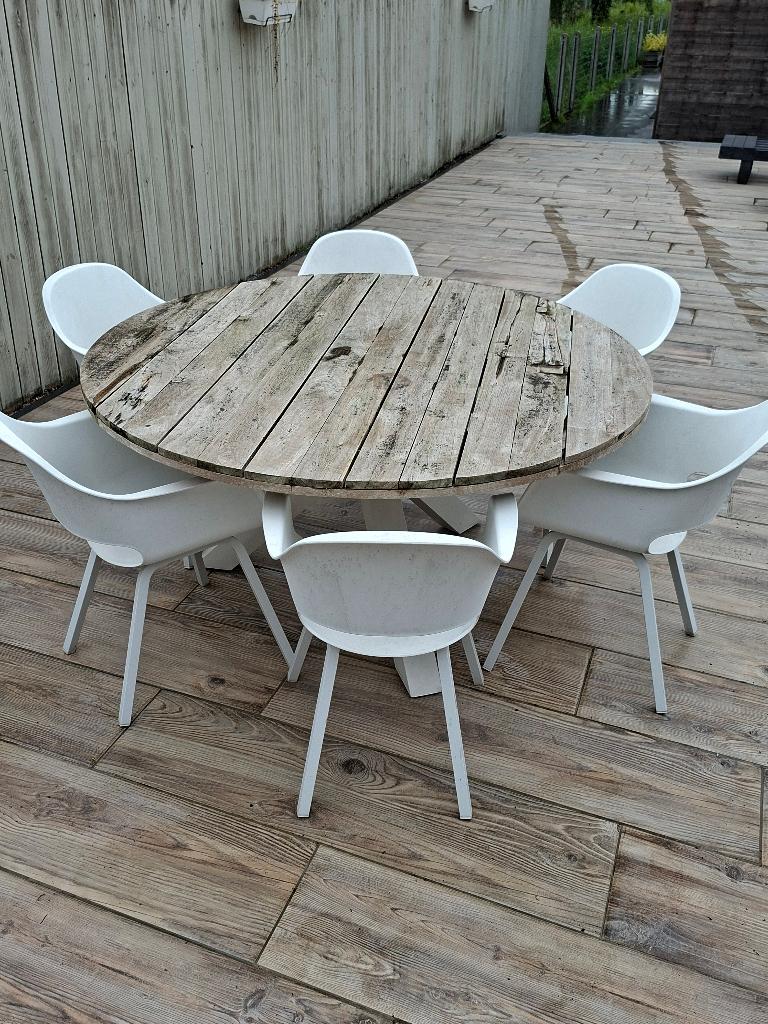 Ronde tuintafel met stoelen, Tuin en Terras, Ophalen, Gebruikt, Rond, Teakhout