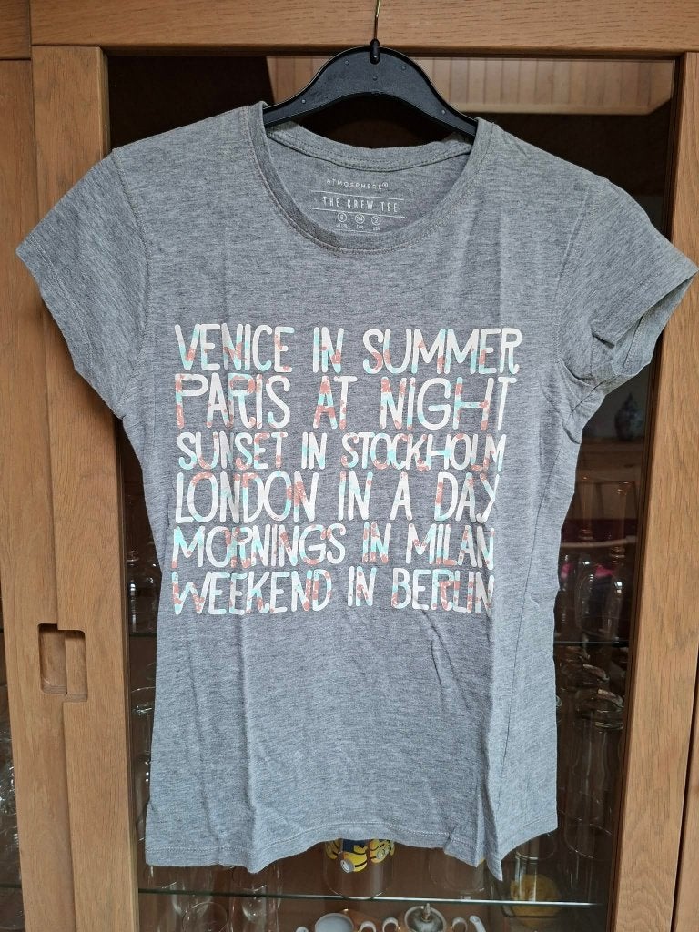 Atmosphère : T-shirt gris avec imprimé (Taille 34), Manches courtes, Atmosphere, Gris, Enlèvement ou Envoi