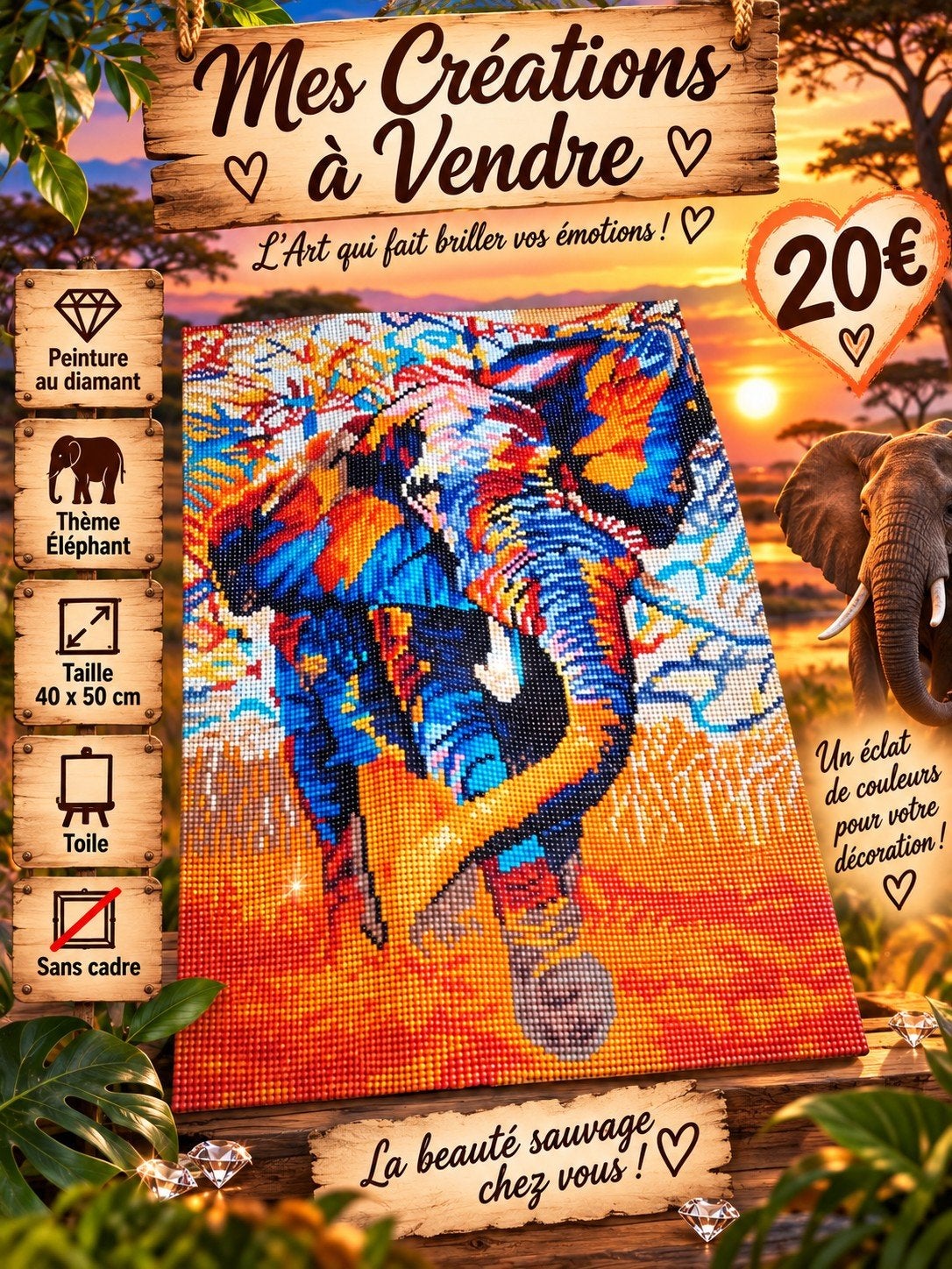 Canvas met diamantschilderij met olifant zonder lijst, Hobby en Vrije tijd, Ophalen of Verzenden, Zo goed als nieuw, Overige typen