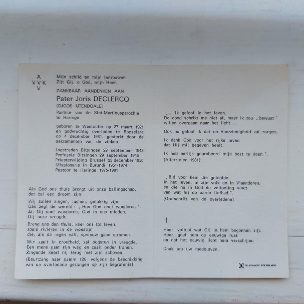 Bidprentje Pater Joris Declercq, Verzamelen, Ophalen of Verzenden, Bidprentje