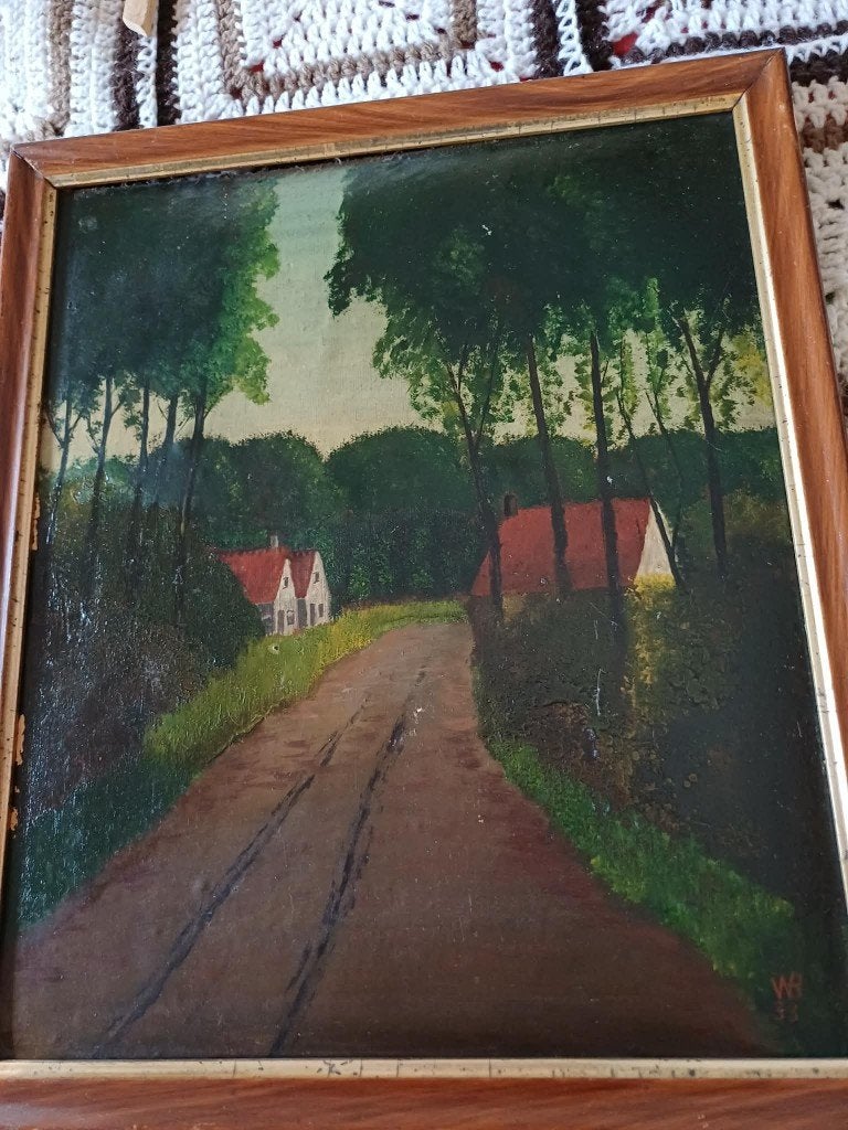 Tableau ancien - Paysage rural (Huile sur toile - Daté 1933, Peint à la main, Peinture à l'huile, Paysage, Envoi