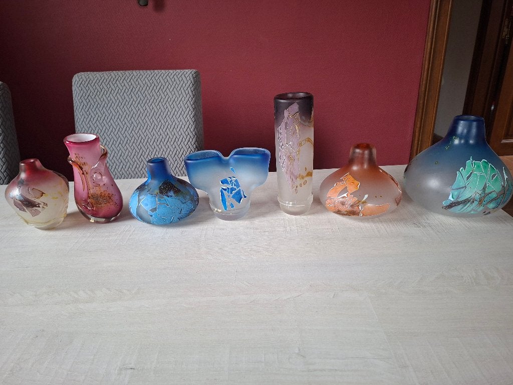 7 vases Louis Leloup Val Saint Lambert.Tous signés(220à250e), Antiquités & Art, Antiquités | Verre & Cristal, Enlèvement
