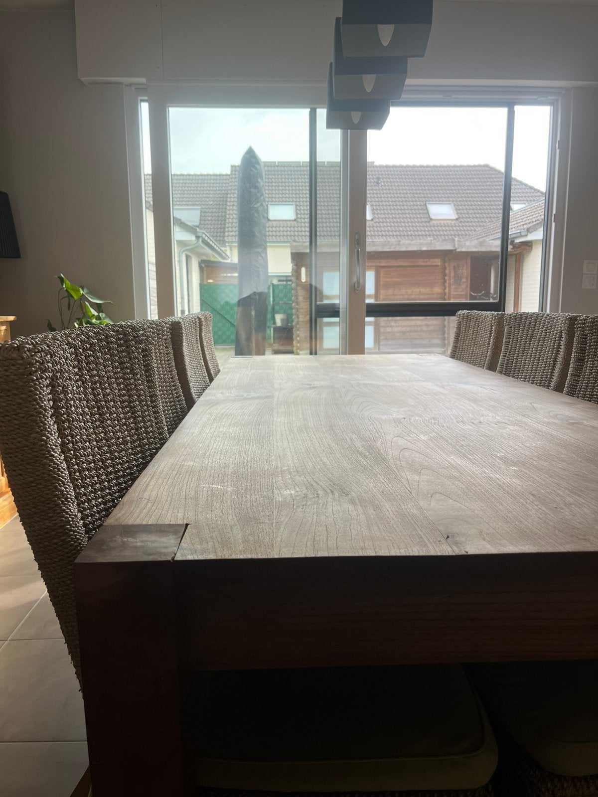 Teakhouten Tafel met 8 Stoelen – Complete Set, Ophalen, Gebruikt, 6 tot 8 stoelen