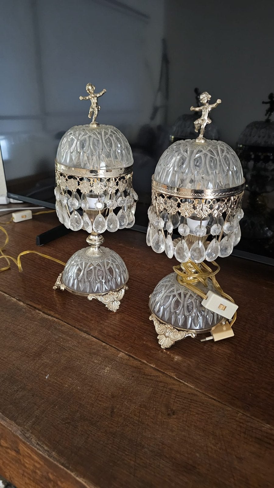 2 Franse vintage 1970 Glazen koperen putti beeldjes, Antiek en Kunst, Ophalen