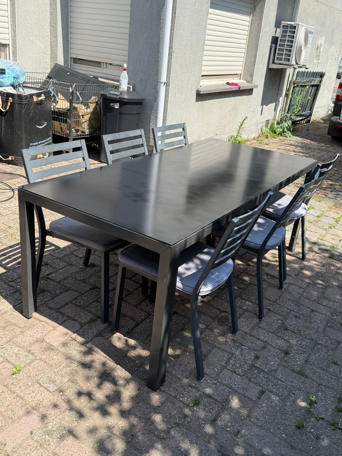 Aluminium tuinset met zwart glazen tafelblad – 6 stoelen, Ophalen, Zo goed als nieuw, Aluminium, Tuinset